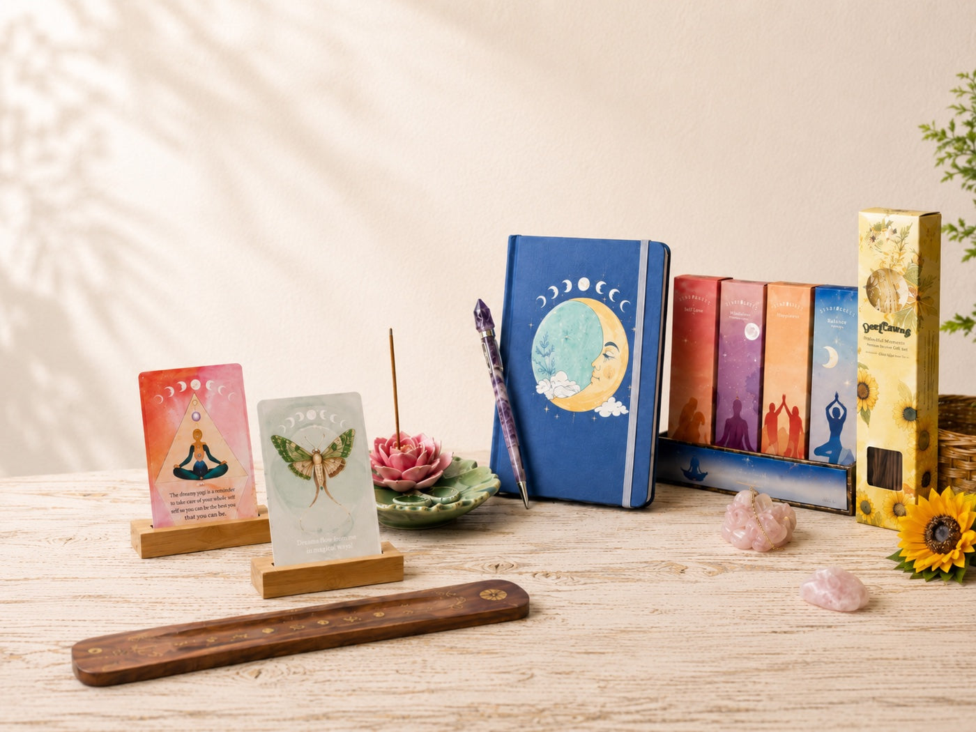 Oracle cards, a moon journal, incense, rose quartz and a ceramic lotus holder on pale wood