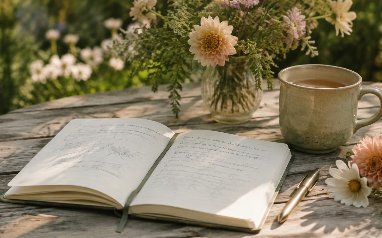 An open journal and a mug of tea on a weathered garden table, beside a jar of dahlias in the afternoon sun